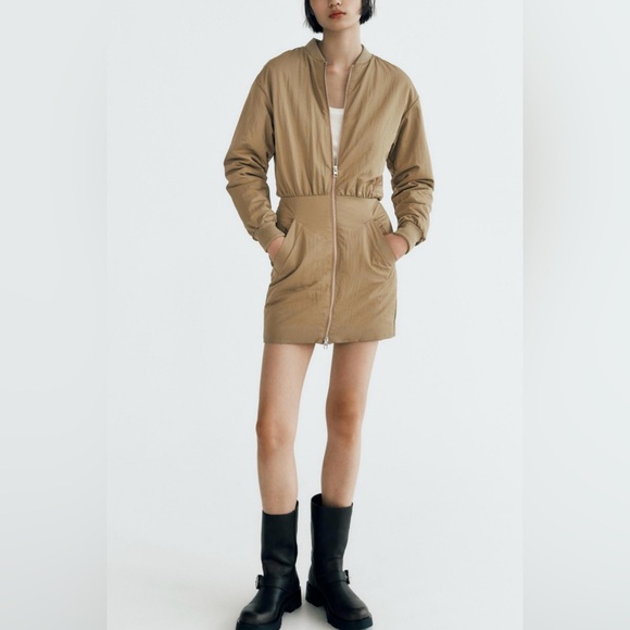NWOT Zara Mini SHORT BOMBER DRESS,  in Olive/Tan, Small, Jacket, - Picture 1 of 15